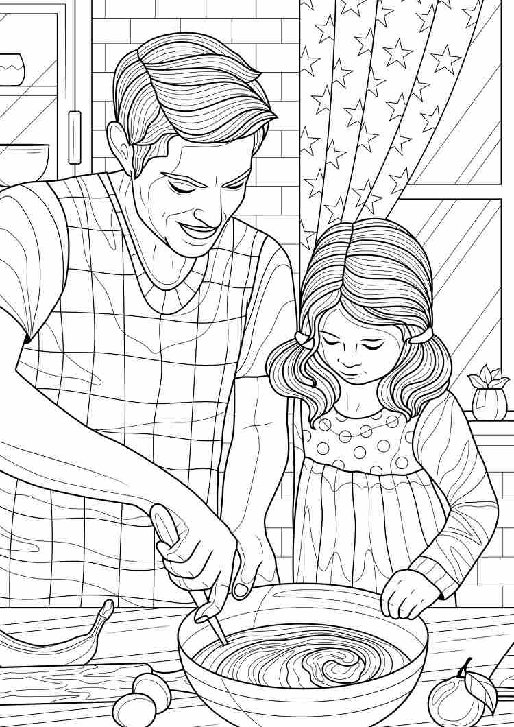 coloriage d'un père qui aime cuisiner avec sa fille