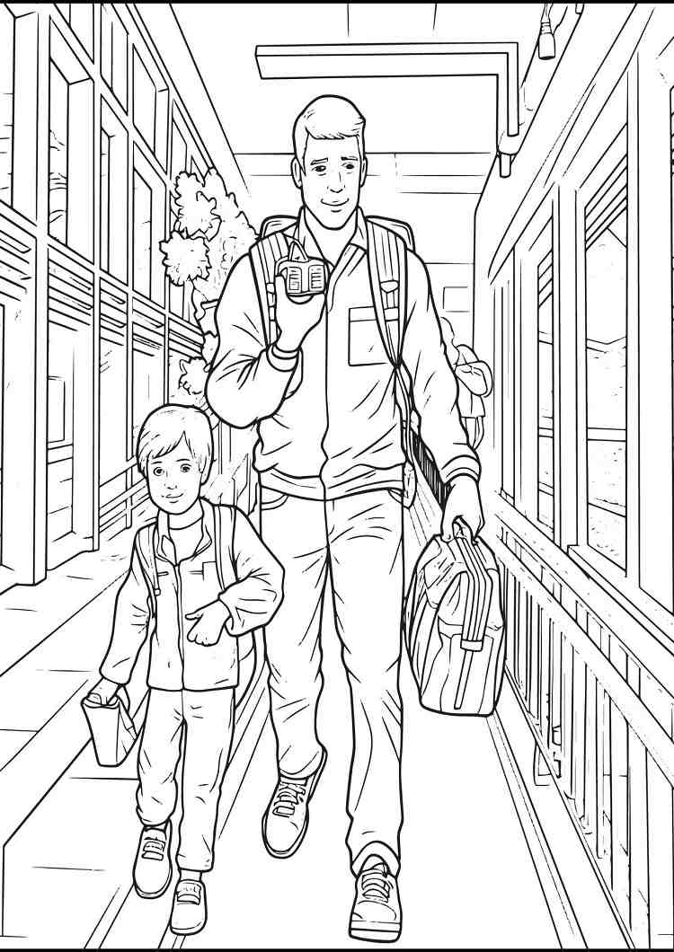 page de coloriage avec un papa qui emmène son enfant à l'école