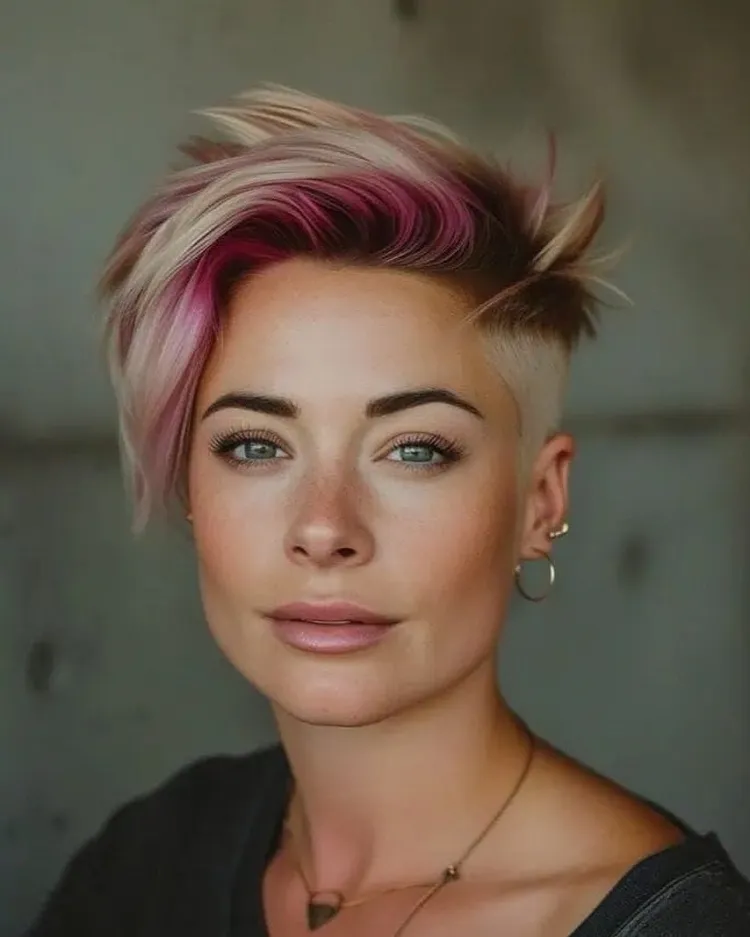 modèle couleur mèche cheveux court femme coupe pixie avec un balayage rose blond