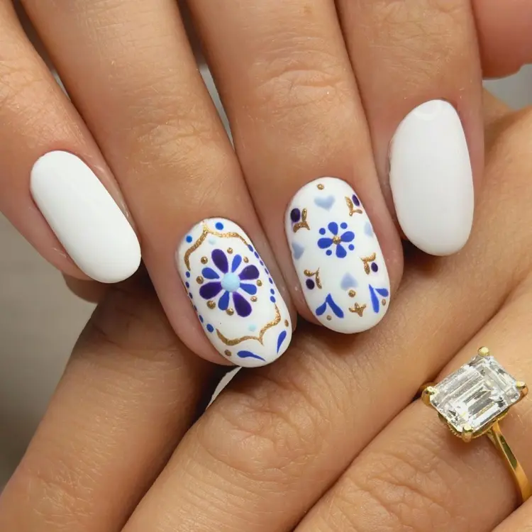 ongles modernes avec des motifs en bleu et blanc 