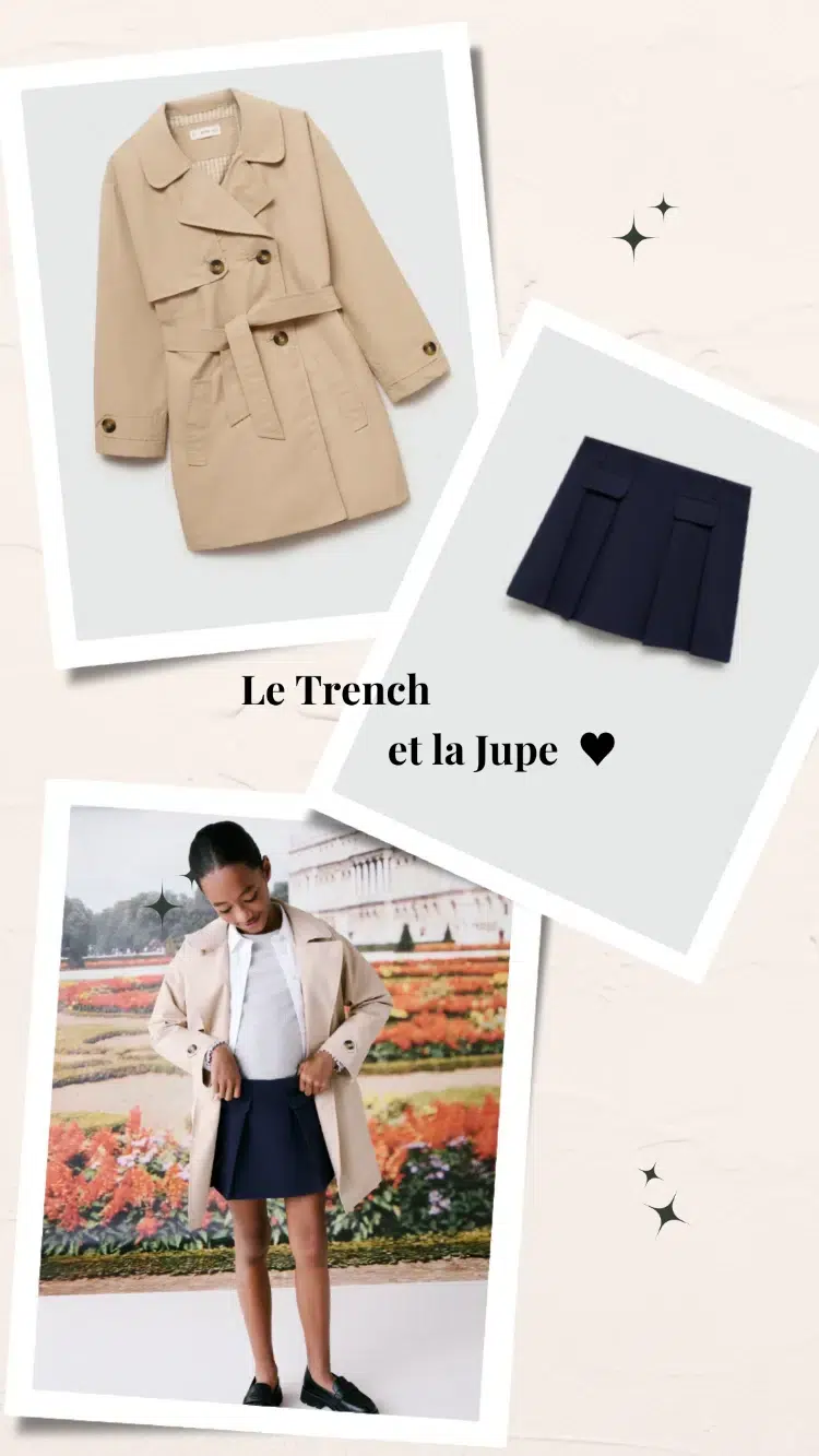 tenue pour la rentrée scolaire 2024 pour fille avec un trench et une mini jupe plissée