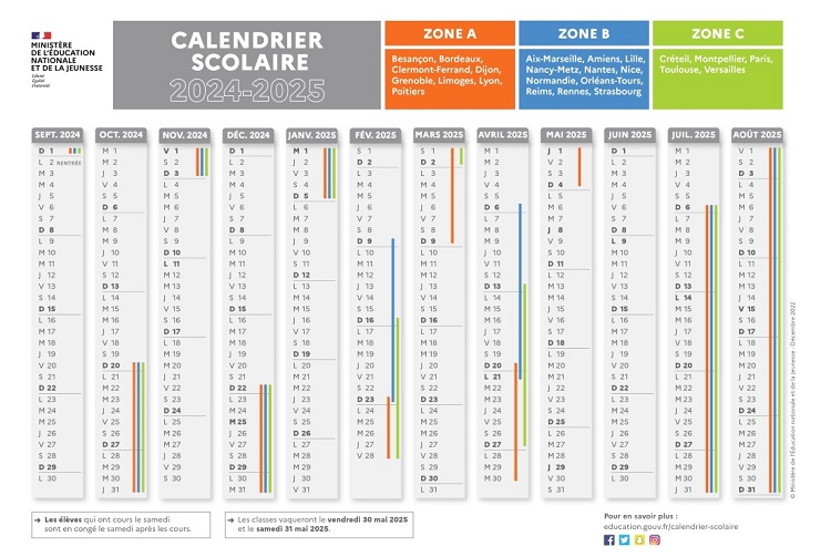 calendrier scolaire 2024 2025 à imprimer gratuitement