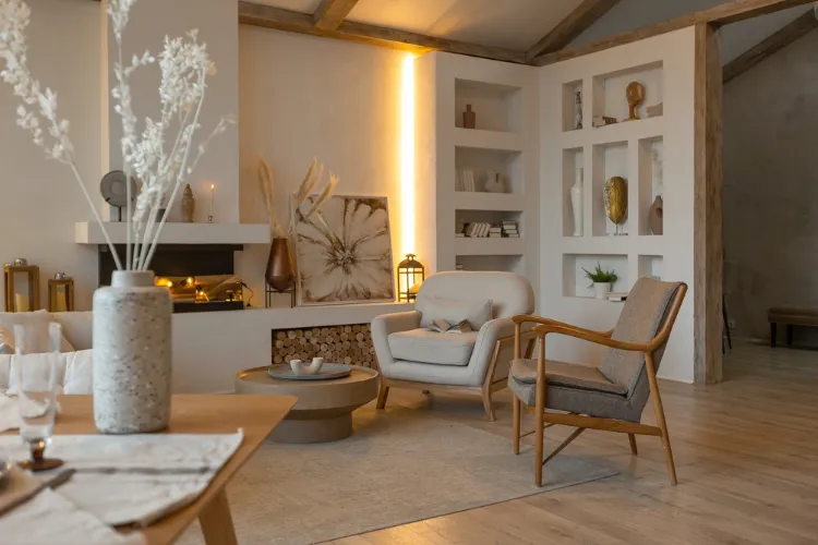 déco lumineuse et éléments en bois dans le salon scandinave cocoon