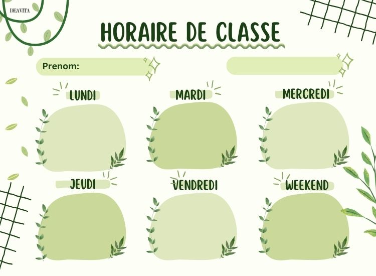 modèle d'horaire de classe inspirée de la nature