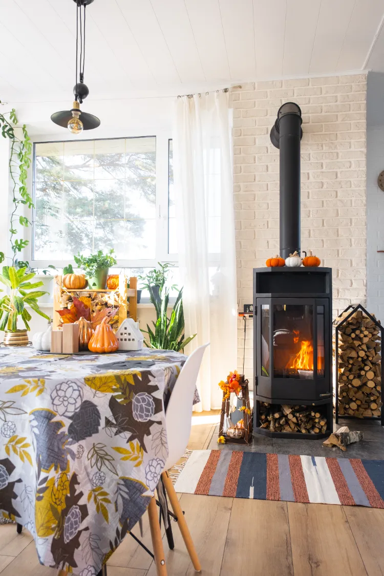 décoration scandinave cozy avec des citrouilles et des feuilles d'automne