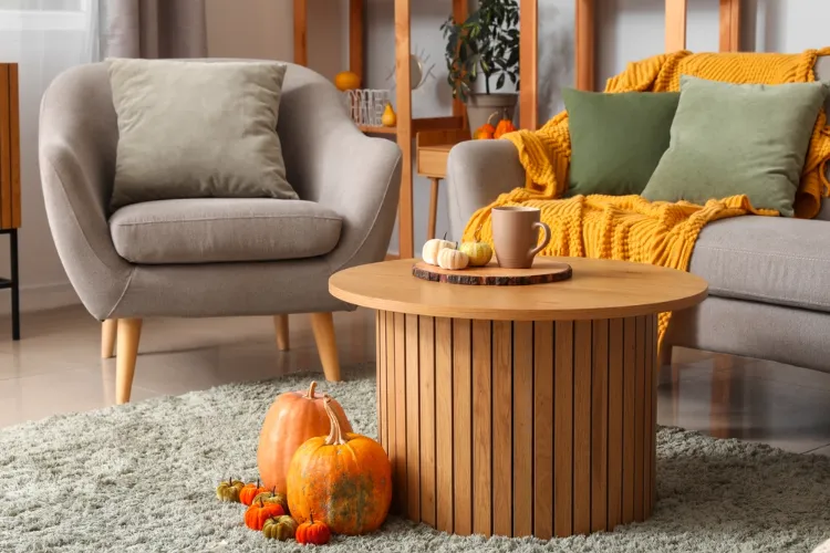 des idées de décoration automnale scandinave avec des courges dans le salon