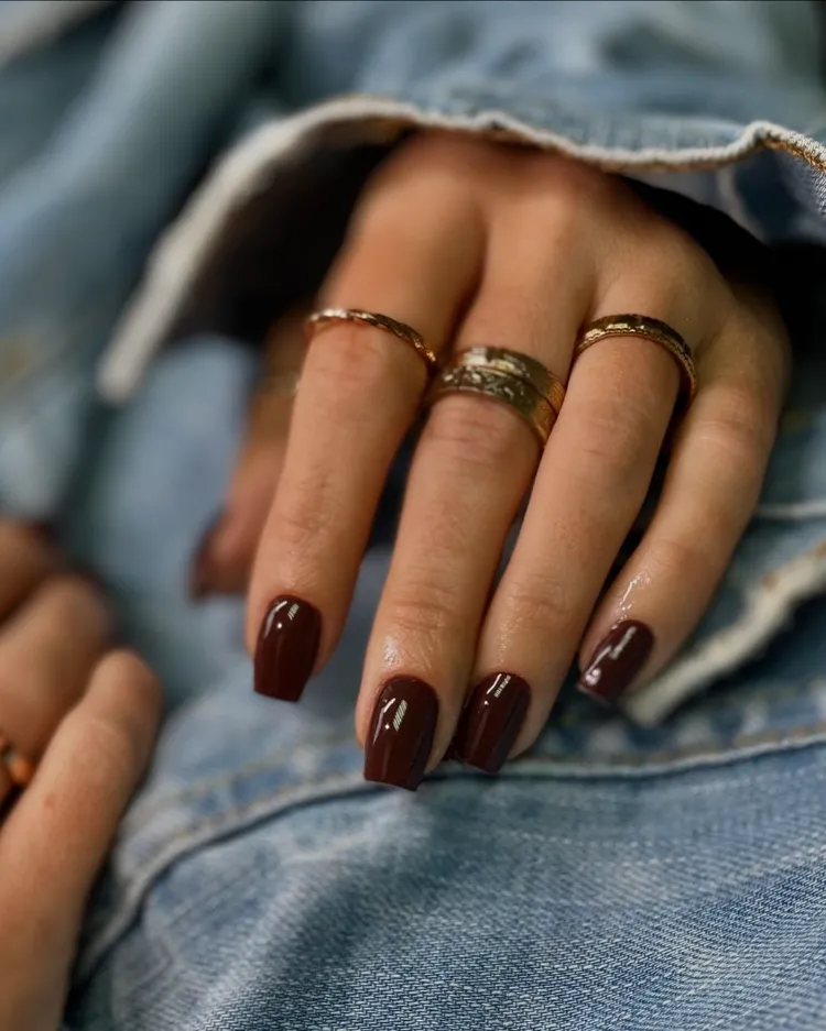 des ongles marron chocolat foncé avec un fini brillant