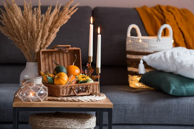 un centre de table d'automne à base de petites courges dans un panier valise