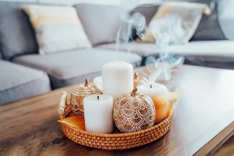 un centre de table original de style scandinave avec des bougies et des citrouilles déco