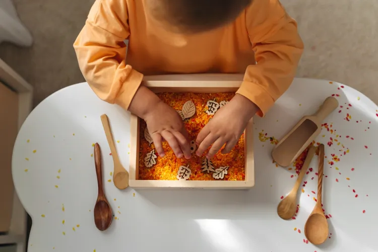 une idée originale de boîte sensorielle d'automne avec du riz coloré et des figurines en bois