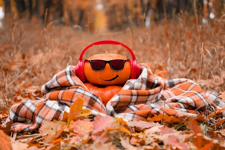 citrouille d'halloween amusante avec des lunettes de soleil dans le parc d'automne