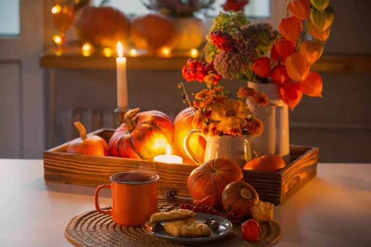 centre de table automnal avec des physalis mini courges et bougies