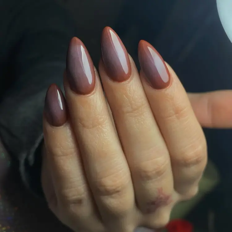 dark aura nails avec du marron et du mauve tendance automne 2024