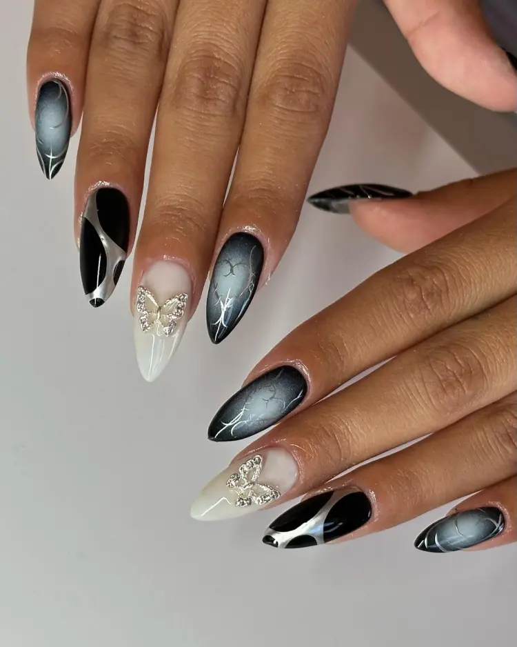 déco ongles aura en noir et blanc 3d