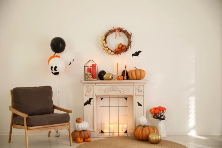 décoration d'halloween pour le manteau de cheminée avec des citrouilles et une couronne diy