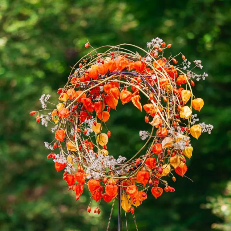 une couronne d'automne à faire soi même avec physalis baies d'églantier et fleurs séchées