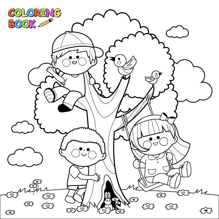 Coloriage d'enfants qui jouent sur un arbre