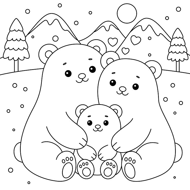 La famille d'ours polaires à colorier pour Noël