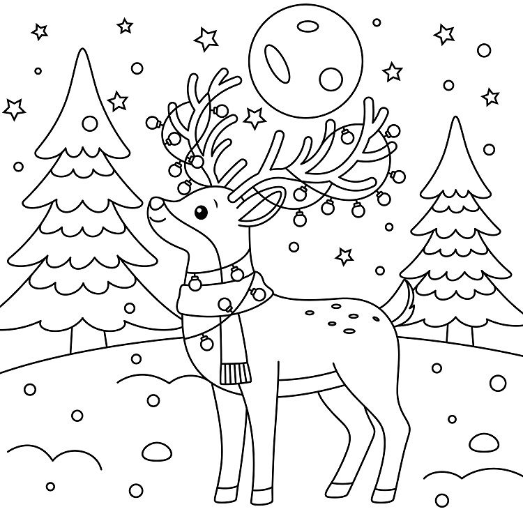 Le renne du père Noël dans une forêt enneigée à colorier