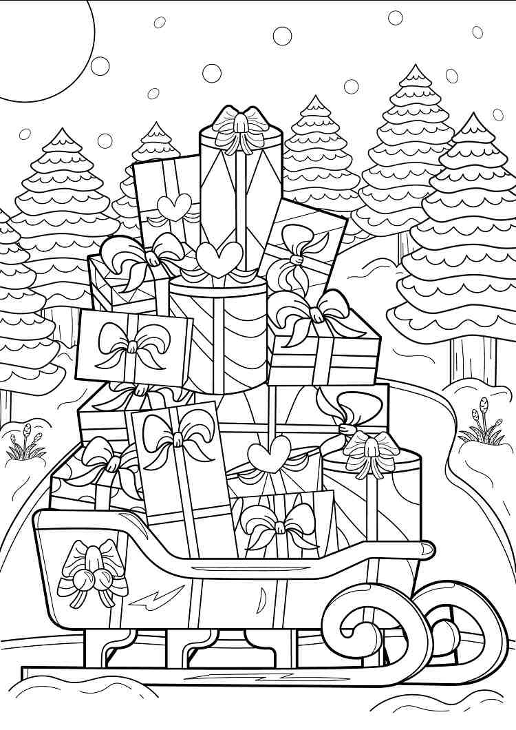 Le traîneau du père Noël avec un tas de cadeaux pour les enfants en tant que page de coloriage