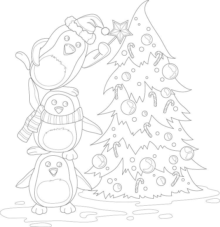 Page de coloriage des pingouins souriants en train de décorer le sapin de Noel