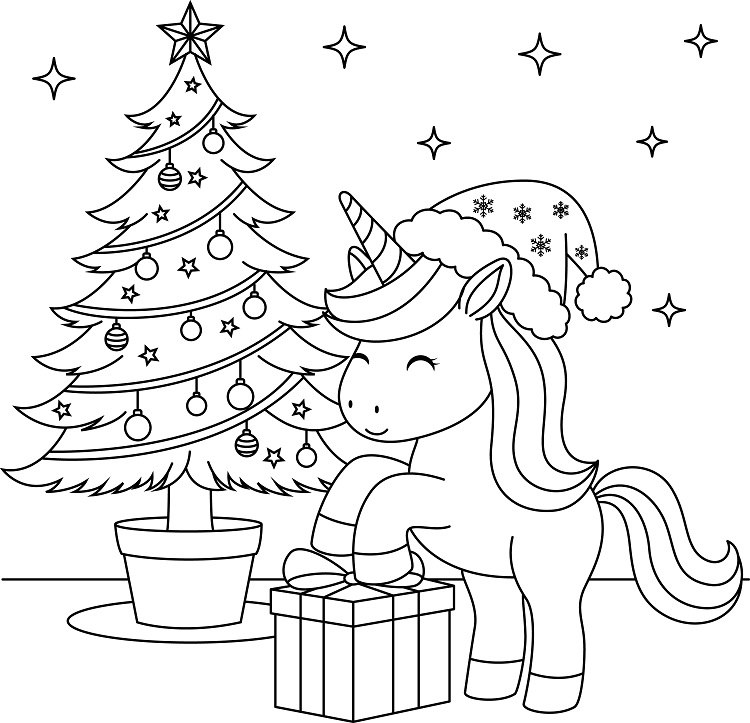 Page de coloriage pour Noël avec une licorne souriante désemballant un cadeau près du sapin