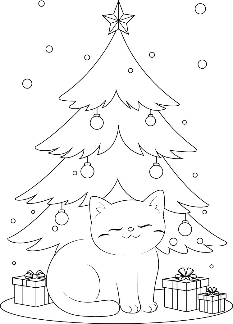 Un coloriage Noël pour enfants représentant un chaton devant le sapin