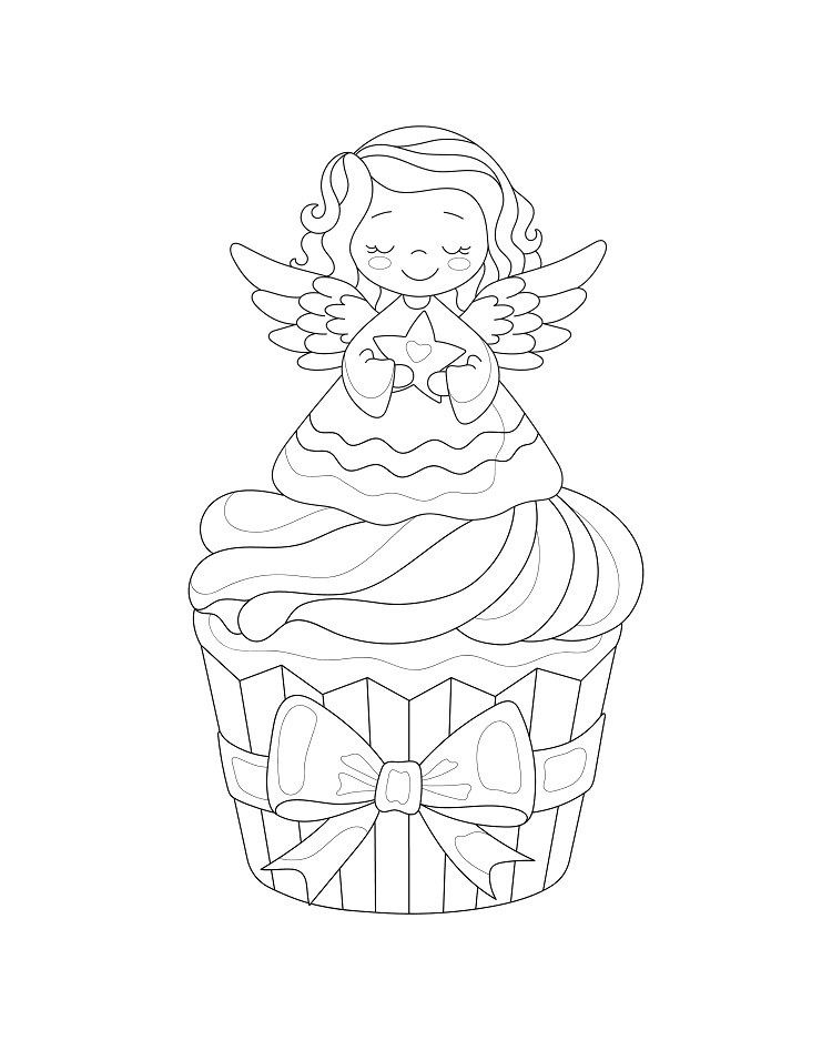 Un coloriage Noël pour enfants représentant une fillette ange sur un cupcake