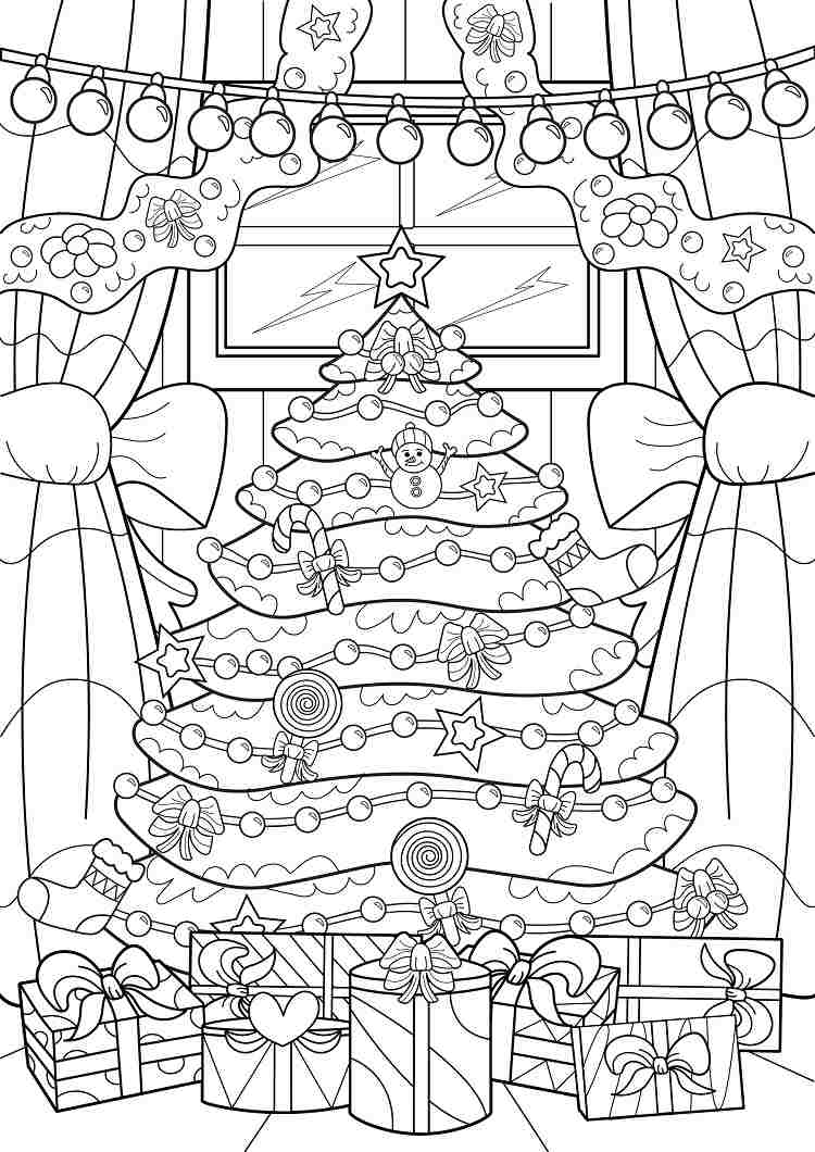 Un dessin de coloriage Noël pour enfants représentant un grand sapin décoré et plein de cadeaux au pied de l'arbre