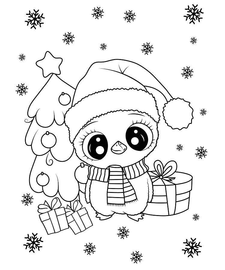 Un hibou avec un bonet de Noël entouré de cadeaux en tant que page de coloriage