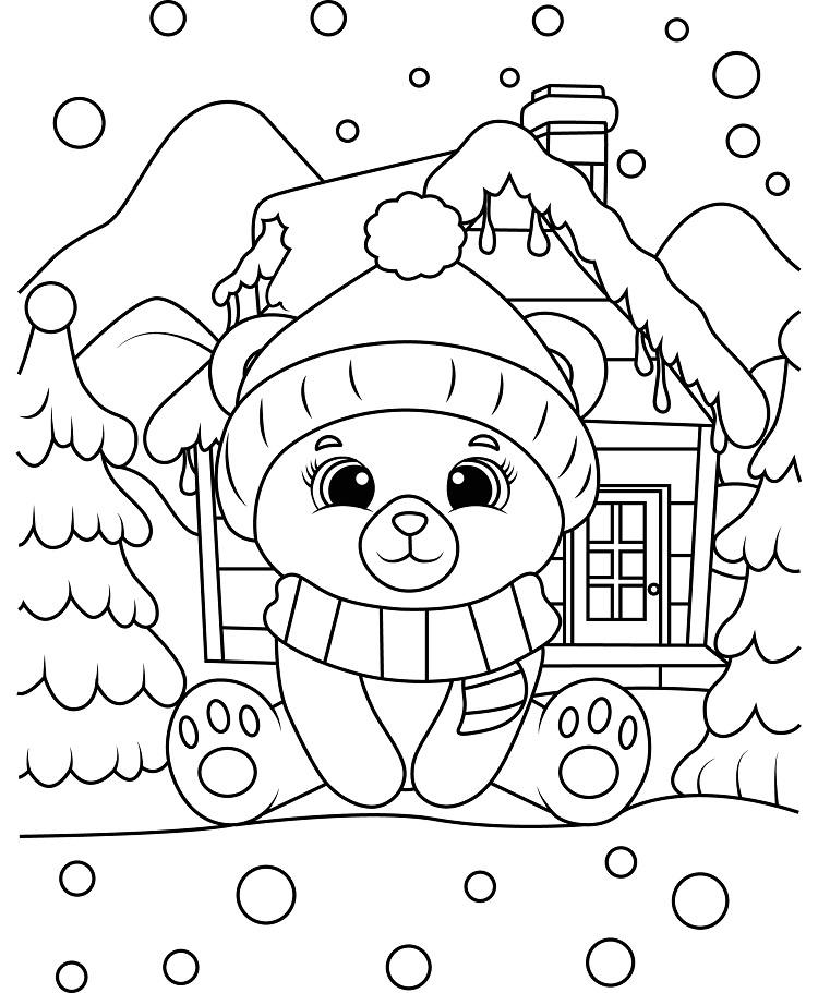 coloriage Noël pour enfants représentant un ourson qui joue avec la neige