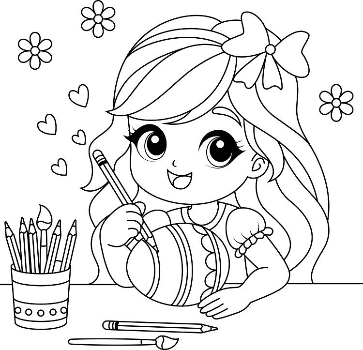 coloriage maternelle d'une fille qui colorie des oeufs