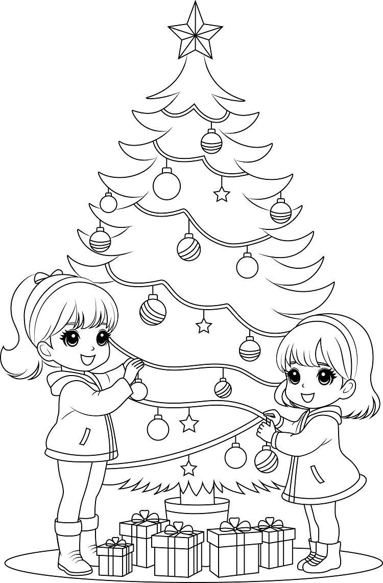 deux filles en train de décorer le sapin de Noël en tant que page à colorier