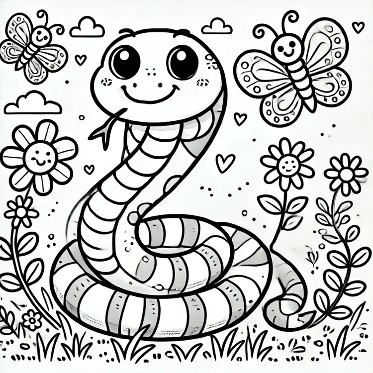 un serpent gentil entouré de fleurs et de papillons