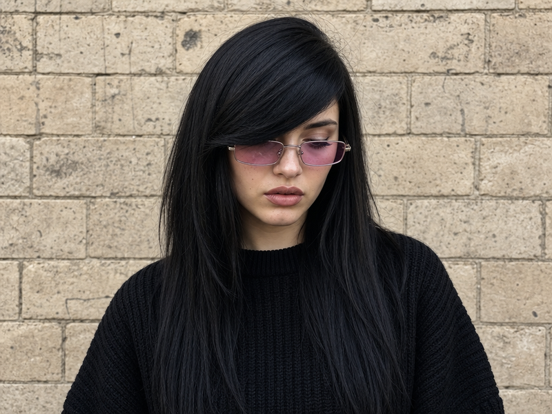 frange tendance 2025 sur le côté moderne cheveux longs 
