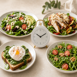 Quatre assiettes saines disposées autour d'une horloge pour illustrer le menu de jeûne intermittent 14/10