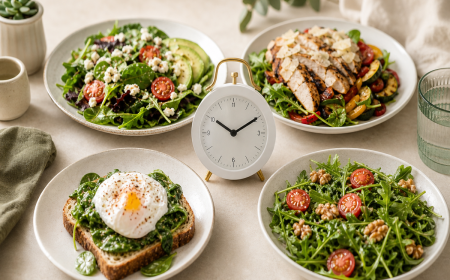 Quatre assiettes saines disposées autour d'une horloge pour illustrer le menu de jeûne intermittent 14/10