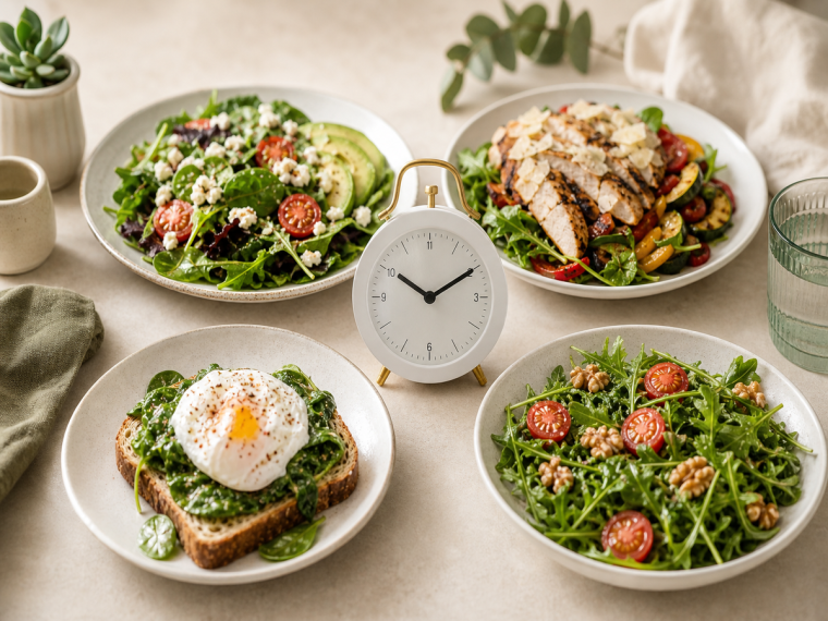 Quatre assiettes saines disposées autour d'une horloge pour illustrer le menu de jeûne intermittent 14/10