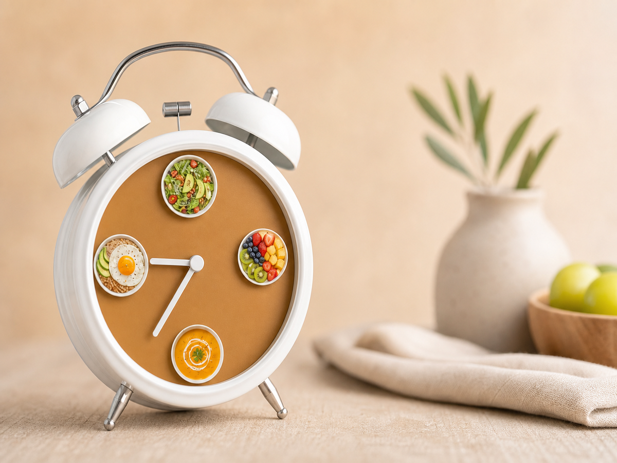 Horloge réveil illustrant les créneaux horaires du jeûne intermittent 14h/10h avec icônes de repas