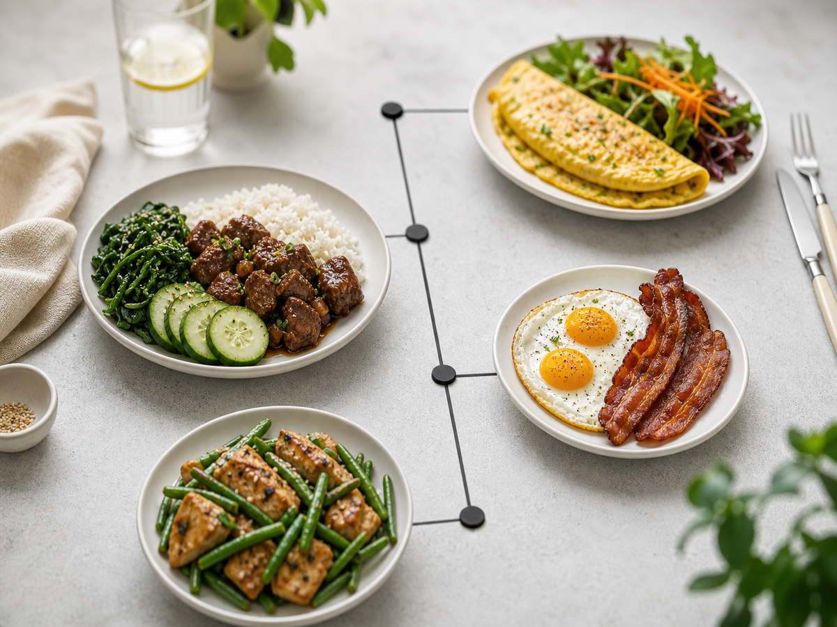 Plan de repas journalier jeûne intermittent 14/10 avec petit-déjeuner déjeuner collation et dîner sur assiettes