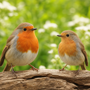 Deux rouges-gorges mâle et femelle perchés sur une branche dans le jardin