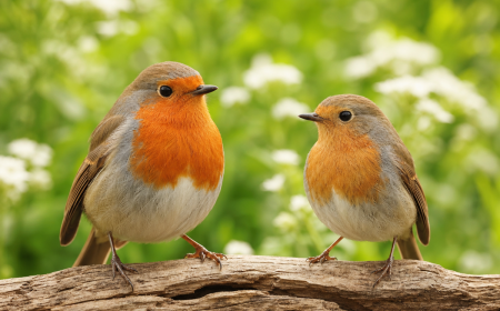 Deux rouges-gorges mâle et femelle perchés sur une branche dans le jardin