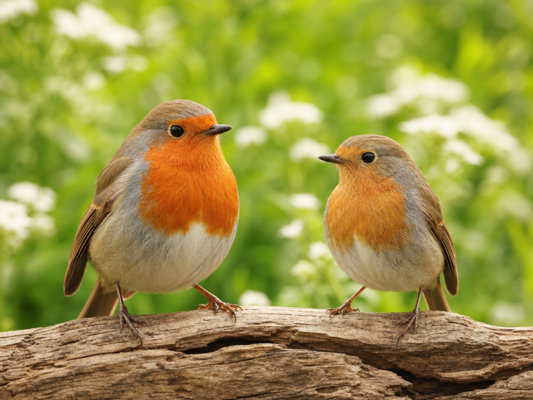 Deux rouges-gorges mâle et femelle perchés sur une branche dans le jardin