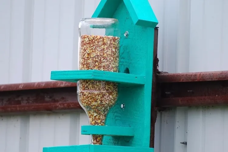 tuto en pas à pas pour fabriquer une mangeoire pour oiseaux à partir d'une bouteille à vin et bois