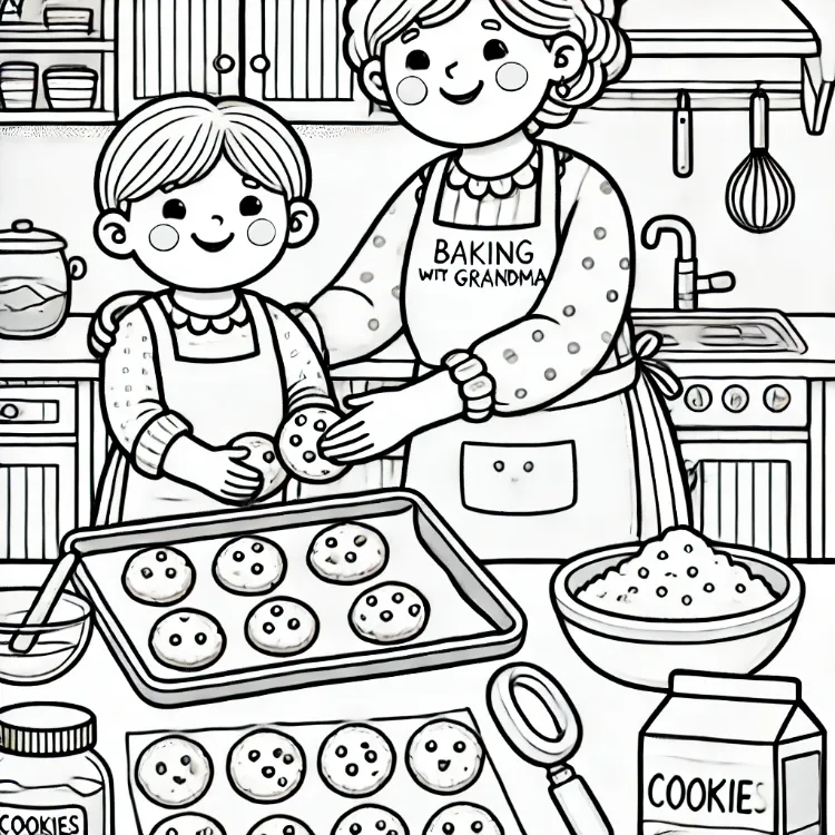 coloriage fête des grands mères montrant une grand mère cuisinant des biscuits avec son petit enfant dans la cuisine