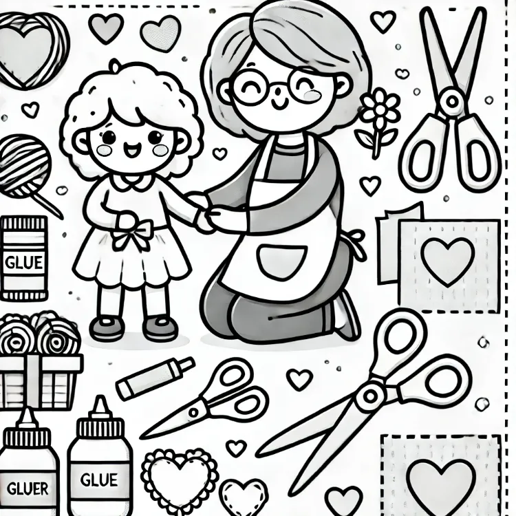 jolie et facile page à colorier pour enfants montrant une grand mère et son petit enfant réalisant un projet d'artisanat ensemble