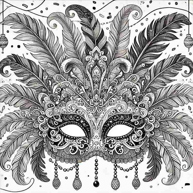 Masque mardi gras avec plumes et perles à colorier