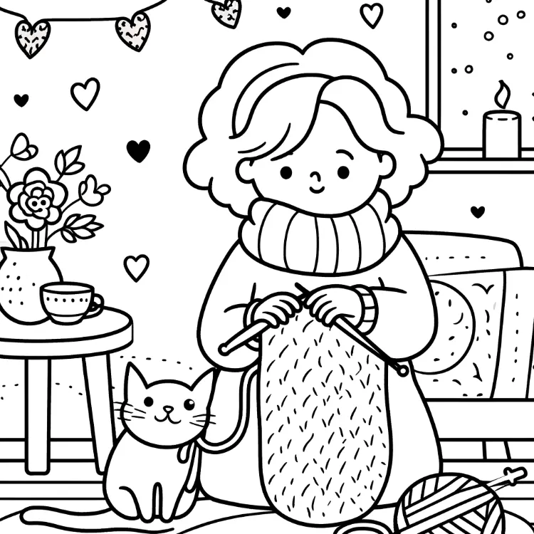 une page à colorier simple pour enfants montrant une grand mère tricotant une écharpe avec son chat assis à côté