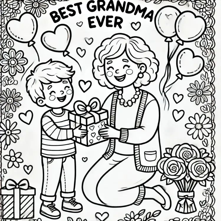 coloriage pour la fête des grands mères montrant une grand mère recevant un cadeau de son petit enfant