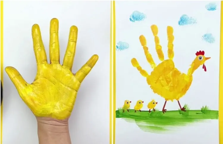 dessiner poule et ses poussins avec les mains